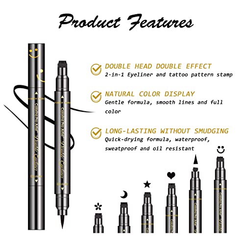 Lokfar 6 Pcs Double-Headed Liquid Eyeliner Stamp Pen Set, Eye Liners For Women Waterproof Eyeliner Pencil Black Eye-Liner Stencils Long-Lasting Tattoo Makeup-Triangle, Star, Moon, Heart, Flower, Smiley #TOP3