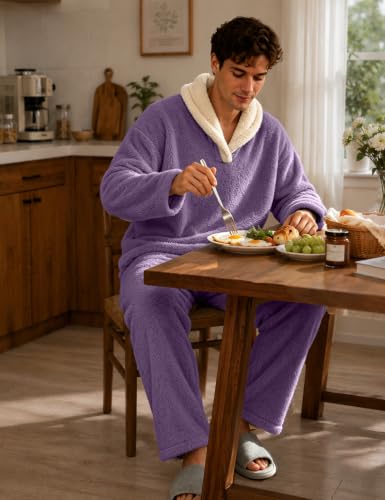 Image of Mens Fluffy Coral Fleece Pajamas Set Pullover Pants Loose Plush Warm Loungewear Sleepwear