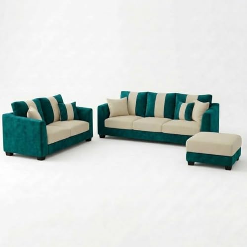 Image of Revo Plush Comfort Sofa Set | 3 Seater + 2 Seater with Ottoman | Luxury Velvet Suede Fabric | Modern Living Room Sofa | Green Teal - Cream