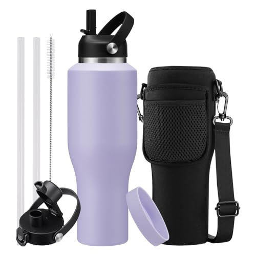 Image of 40 oz Insulated Water Bottle with Straw - Spout Lid, Carrying Case, Metal Thermal Hydro Travel Mug Flask for Cup Holder, Keep Cold 48H Hot 24H