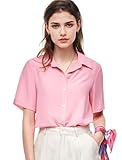 Silk Blouse for Women Button Down Shirts: Women's Short Sleeve Elegant Shirt 100% Pure Silk Casual Tops Summer Luxury Blouses Dark Pink