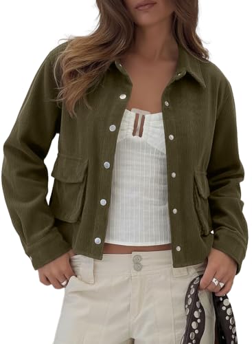 Beaully Womens Fashion Cropped Shacket Button Down Corduroy Shacket Jackets Casual Long Sleeve Crop Jackets Tops 6121 Army Green M