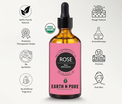 Image of Earth N Pure Rose Essential Oil | 100% Pure & Natural | Steam Distilled | For Aromatherapy, Diffuser, Skin & Hair Care | 100ml