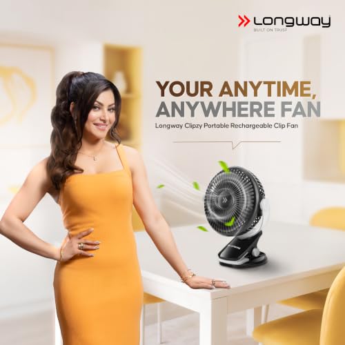 Image of LONGWAY Clipzy Portable Rechargeable Clip Fan with 360 Rotation | 3 Speed Control | BLDC Motor | Type-C Charging | Silent Operation Table Fan for Home, Office & Travel | 1 Year Warranty (Black)