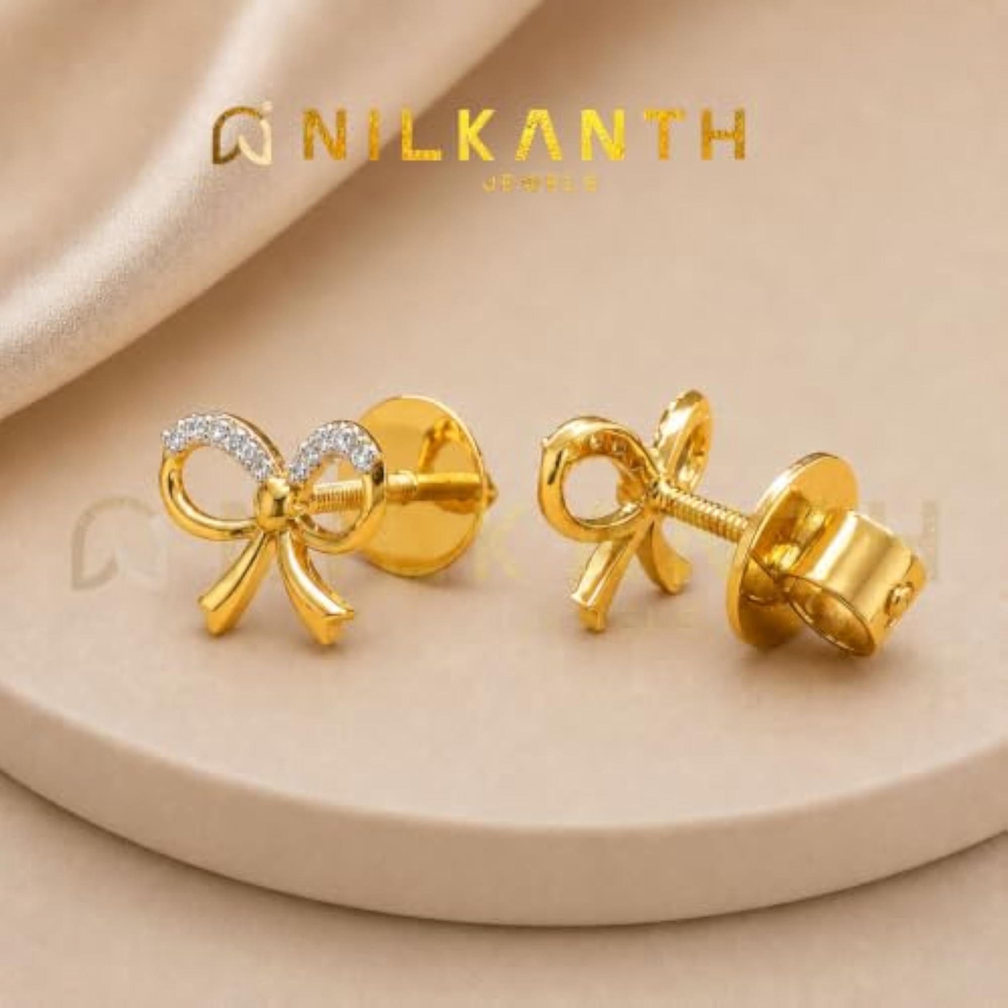 Women's IGI Certified 18Kt Gold Plated Ribbon Bow American Diamond Stud Earrings