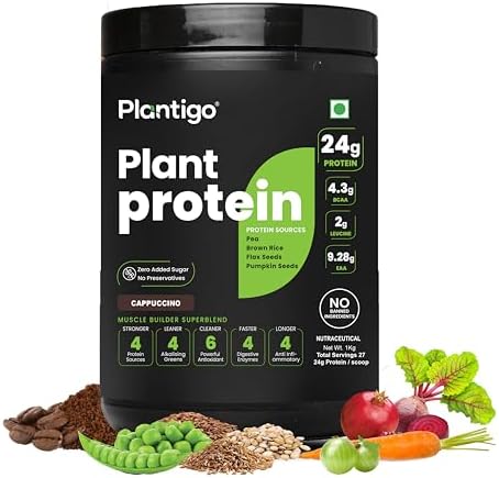 Plantigo Plant Protein Powder 1kg - Cappuccino Coffee Flavoured | Pea Protein, Brown Rice, Flax Seed, Pumpkin - Clean & Green Based Protein Powder | 24g Protein, 4.4g BCAA, Fiber for Men & Women