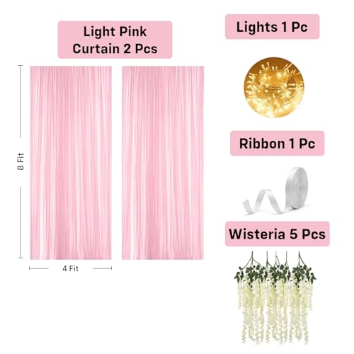 Image of Party Propz Light Pink Net Curtain for Backdrop Decoration with Artificial Ivory Wisteria Flower & Light -9Pcs, Ganpati Decoration Setup for Home, Ganpati Decorations, Varalakshmi Pooja, Janmashtami