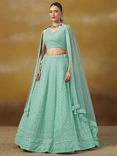 Image of Zeel Clothing Women's Sequins Thread Embroidered Georgette Lehenga Choli With Dupatta (5124-Women-Lehenga-Choli-New; Free size)