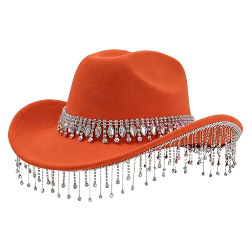 FQLGJMY Womens Felt Western Cowgirl Hat Wide Brim with Rhinestone Band Crystal Tassel Fringe for Music Festival Disco Party Orange