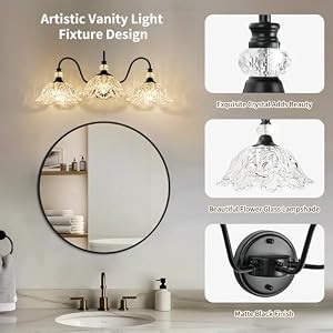 Black Bathroom Vanity Light3 Light Vanity Light with Crystal Glass ShadesVintage Farmhouse Vanity Lighting for Bathroom and Dressing Table