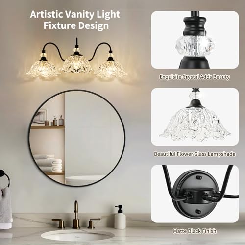 Image of Black Bathroom Vanity Light,3-Light Vanity Light with Crystal Glass Shades,Vintage Farmhouse Vanity Lighting for Bathroom and Dressing Table