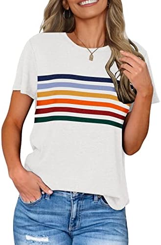 LEANI Women’s Short Sleeve T Shirts Crewneck Striped Color Block Tunic Tops Loose Casual Summer Tee StripeWhite M
