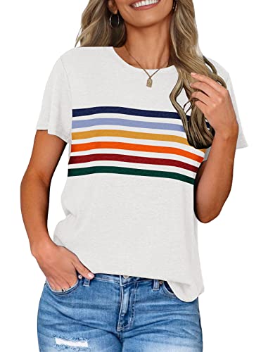 LEANI Women’s Short Sleeve T Shirts Crewneck Striped Color Block Tunic Tops Loose Casual Summer Tee