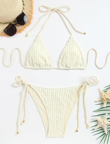 Image of ZAFUL 2 Piece Triangle Bikini for Women Knitted Rope Halter Bikini Sets Sexy Bathing Suit Side Tie Swimsuits Beachwear