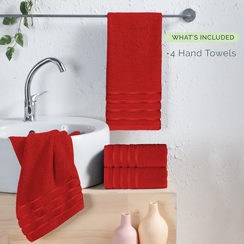 Image of Elegant Comfort 100% Turkish Cotton 4 Lines Viscose Stripe Luxury 4 Pack Hand Towel Set - Ultra Absorbent and Soft 16 x 28 Inch Premium Hotel Spa Quality Towels for Everyday Bath Use, Red