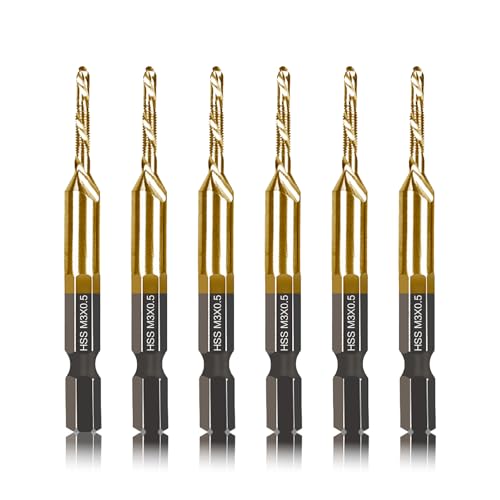 DKIBBITH 6-pc Metric M3 Combination Drill Tap Bit Set, M3*0.5 Thread Size, Titanium Coated High-Speed Steel, Ideal for Drilling and Threading in Soft Metal Wood and Plastic,1/4" Hex Shank
