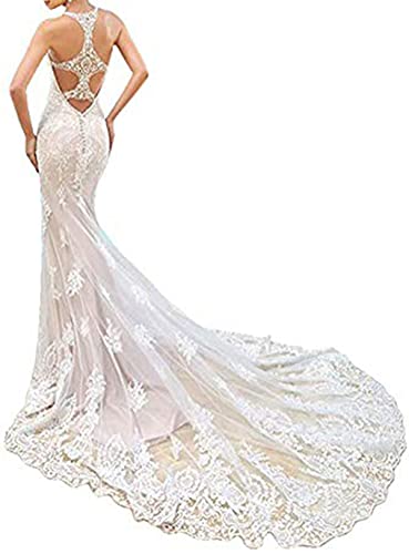 Fenghuavip Elegant Halter Ivory Lace Long Train Bridal Beach Wedding Dress 4 Ivory #TOP1
