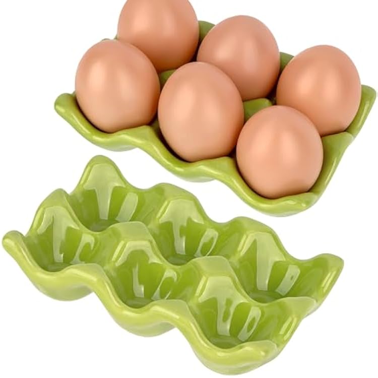Ceramic Egg Holder Trays, 2-Pack Green, 6-Slot Each (12 Eggs Total) Countertop & Fridge Egg Cups Organizer, Glazed Stoneware Egg Rack