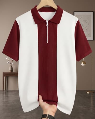 Image of AUSK Women's Zip Neck Polo T-Shirt | Half Sleeve Color Block Smart Casual Top | Ideal for Work, Travel Top for Womens