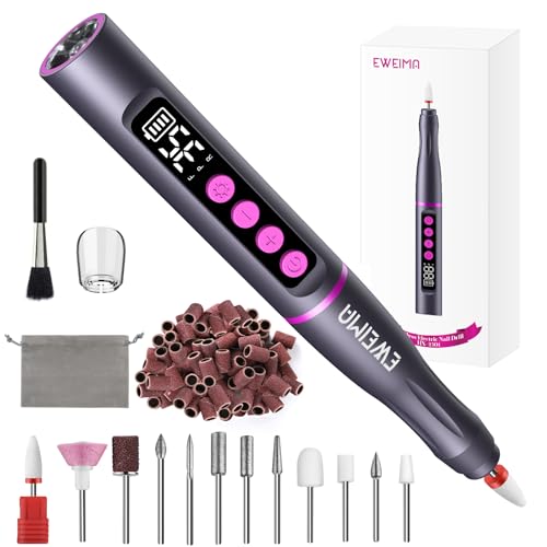 Torno para Uñas Profesional 35000RPM, EWEIMA 16 en 1 Torno para Uñas Portatil, 35 niveles de velocidad Ajustable Nail Drill, 1000mAh Lima Electrica Uñas, Set de Manicura para Salón DIY (Gris)