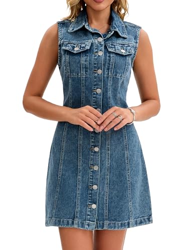 Women Denim Dress Sleeveless Collared Western Button Down Short Jean Dresses