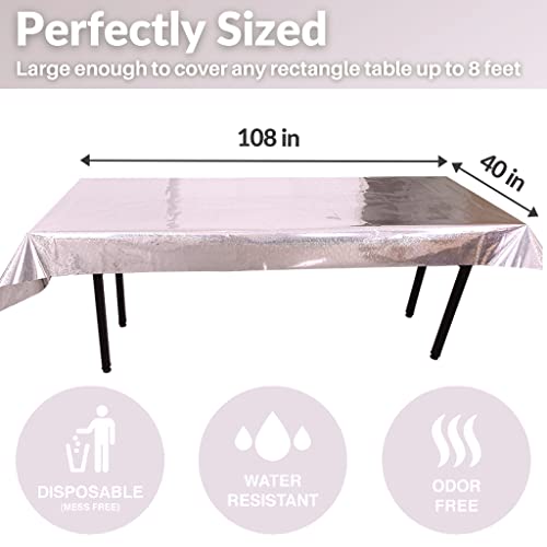 Pixipy Disposable Plastic Tablecloths - 2-Pack Table Cloth For Parties - 108" X 40" Party Table Cloths Set - Silver Disposable Tablecloths For Rectangle Tables Up To 8Ft - Silver Party Decorations #TOP2