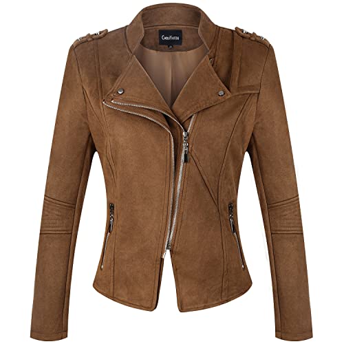 chouyatou Women's Candy Color Asymmetric Zip Slim Faux Leather Cropped Moto Jacket (Medium, Suede...