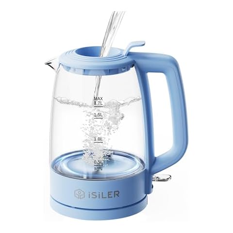 iSiLER 1500W Electric Kettle, 1.7 L Electric Tea Kettle, Cordless Electric Glass Hot Water Boiler, Portable Teapot Heater, Quick-Fill Lid & Auto Shut-Off & Boil-Dry Protection BPA-Free (Blue) Cover