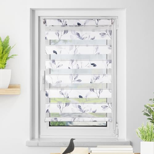 Deswell Doppelrollo Klemmfix ohne Bohren Weiß-blätter B60 x H120 cm (Stoffbreite 56cm) Doppelrollo mit Muster, Duo Rollos für Fenster ohne Bohren Rollos mit Motiv, Seitenzugrollo Lichtdurchlässig Deswell Doppelrollo Klemmfix ohne Bohren Weiß-blätter B60 x H120 cm (Stoffbreite 56cm) Doppelrollo mit Muster, Duo Rollos für Fenster ohne Bohren Rollos mit Motiv, Seitenzugrollo Lichtdurchlässig