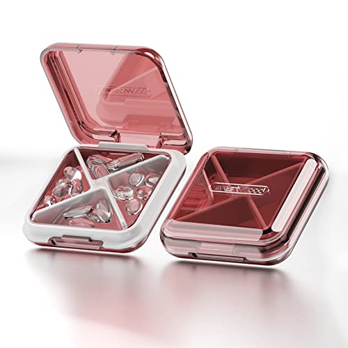 Pill Box, Moistureproof Small Pill Box, Portable Pill Box Organiser for Travel, BPA Free Pill Case with 4 Large Compartmensts to Hold Vitamins, Pill Holder(Transparent Red)
