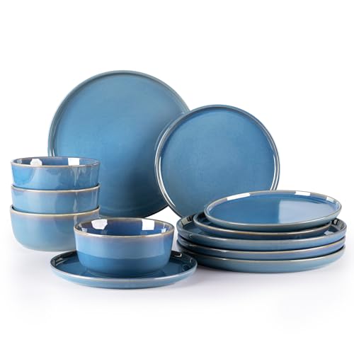 Image of GBHOME Ceramic Dinnerware Sets for 4, 12 Pieces Stoneware Plates and Bowls Sets, Reactive Glaze Dishes -Scratch Resistant, Dishwasher&Microwave Safe-Alaskan Blue
