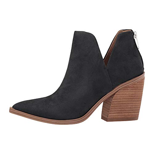 Fisace Womens Pointed Toe Stacked Mid Heel Ankle Boots V Cut Back Zipper Faux Leather Booties #TOP2
