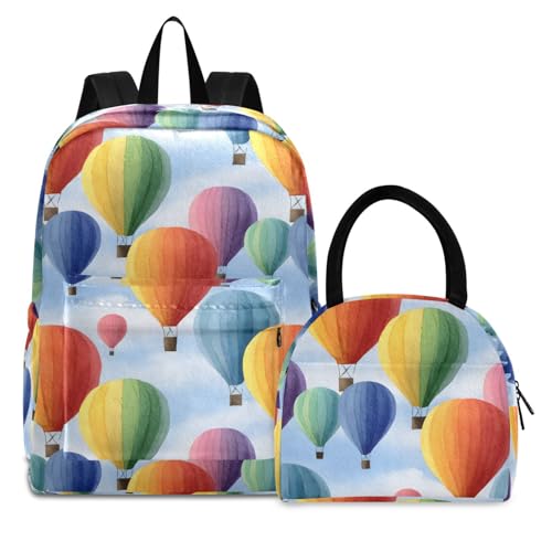 Hot Air Balloon Print Backpack Set with Lunch Bag, Large Capacity Travel Backpacks and Lunch Box Insulated for Commute Hiking Picnic