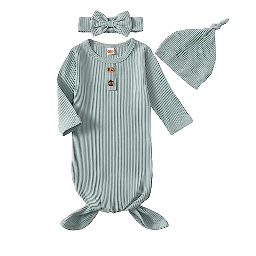 Image of Kislio Newborn Baby Girls Boy Knotted Gown Floral Nightgown Sleeper Gown Swaddle Headband Hat Coming Home Outfit Set