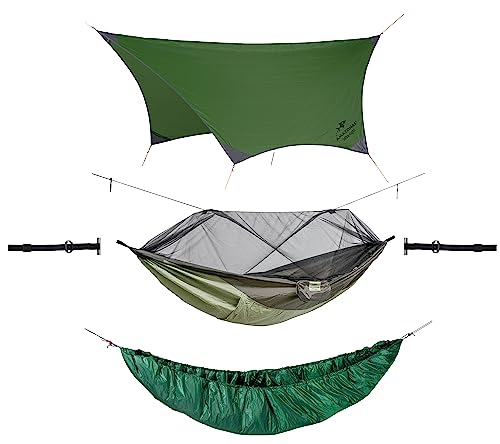 AMAZONAS Ultralight Outdoor Hammock Set XXL | Moskito Traveller Thermo, Traveller Tarp, T-Strap & Underquilt | bis 200kg, ideal für Trekker Bushcrafter Abenteurer Wildnis Camping XXL