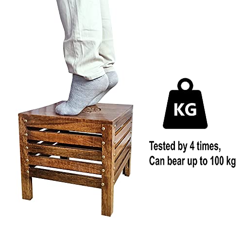 Image of Wooden Stools for Living Room, Sitting Chair for Home, Handcrafted Round Antique Finish | Handmade Table for Office | Home Furniture | Outdoor /Indoor Decor (Square Caving Floral Top Stool, Pack of 2)