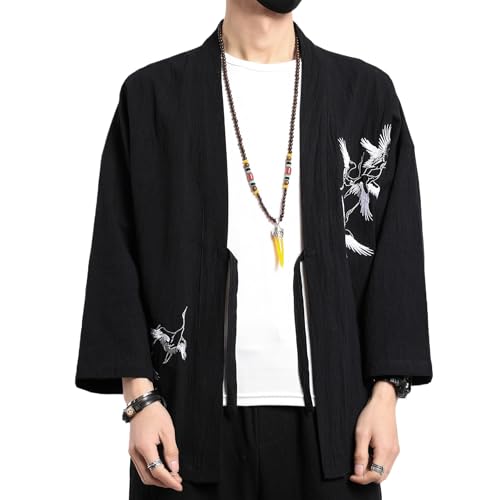Image of Men's Japanese Kimono Cardigan Loose Cotton Linen 3 /4 Sleeve Open Front Casual Summer Shirt Jackets