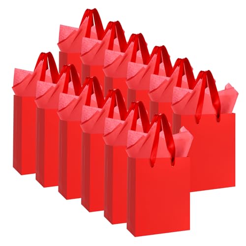 Ethhqu 12-Pack Small Red Gift Bags with Handles - Includes 24 Tissue Papers 6.3x4.7x2.4 Inches Mini Gift Card Bag for Birthday Party Baby Shower Wedding Holiday