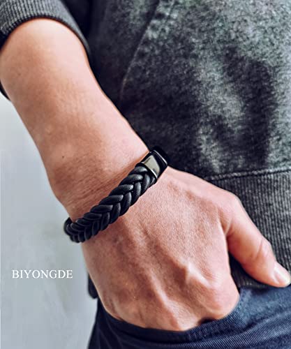 Handmade Braided Leather Bracelet, Black Stainless Steel Clasp, Mens, Cool Classic Stylish2