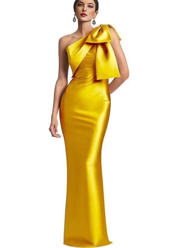 Image of One Shoulder Bridesmaid Dresses with Bow Long Mermaid Satin Back Slit Mother of The Bride Dresses PM004