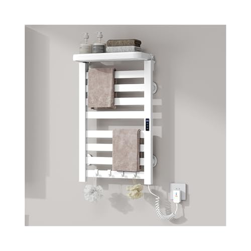 WRJAHCG Radiador Toallero Electrico Baño con Termostato, Calentador Toallas Electrico Pared con Estante Plegable,Temporizador, Temperatura Ajustables,para Villa,SPA,Hotel,A White