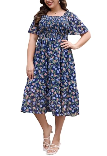 Image of Keluummi Plus Size Wedding Guest Maxi Dresses for Curvy Women, Summer Casual Boho Floral Smocked Empire Waist A Line Sundress