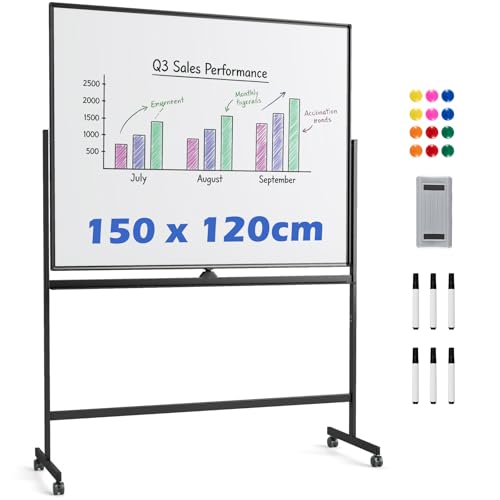 GOPLUS Tableau Blanc Mobile Magnétique avec Hauteur Réglable, Tableau Blanc Rotatif à 360° avec 4 Roues, Effaceur, Aimants, Tableau Effaçable, pour École,Bureau (Noir, 150l x 120H cm)