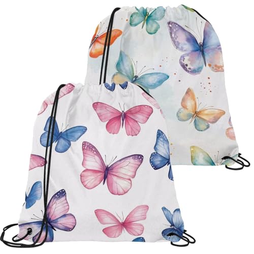 Sac à cordon étanche lot de 2 pour sport et piscine - Motif papillon bleu et rose