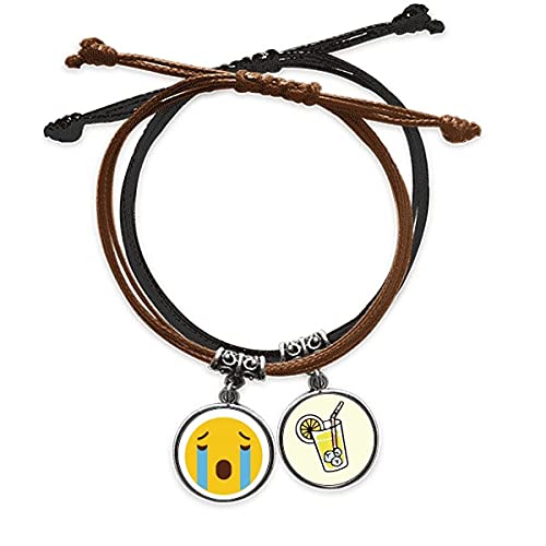 Bracelet corde et cuir jaune avec motif de chat triste pour un look quotidien unique