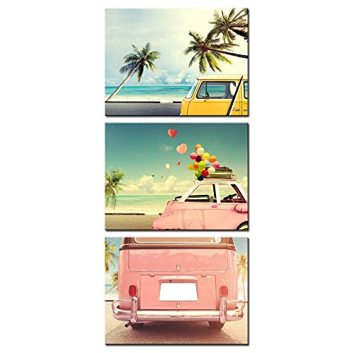 Iknow Foto 3Pcs Canvas Prints Vintage Classic Car With Heart Colorful Balloon On Beach Blue Sky Wall Art Love In Summer And Wedding Posters Framed Honeymoon Trip Picture Print Ready To Hang #TOP30