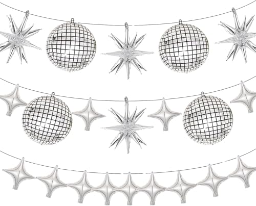 Image of 20pcs 22Inch Silver Disco Ball Ballons, 4D Large Foil Balloons with Metallic Star for 70s Disco Dance Birthday Graduation New Year (Silver Star /Disco Ball 20pcs)