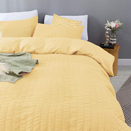 Estoulen Duvet Cover Full / Queen Size, 100% Washed Microfiber Bedding Set 3 Piece, Soft And Luxury Stripe Textured Seersucker Duvet Cover With Zipper Closure & Corner Ties (Yellow, Full / Queen) #TOP1