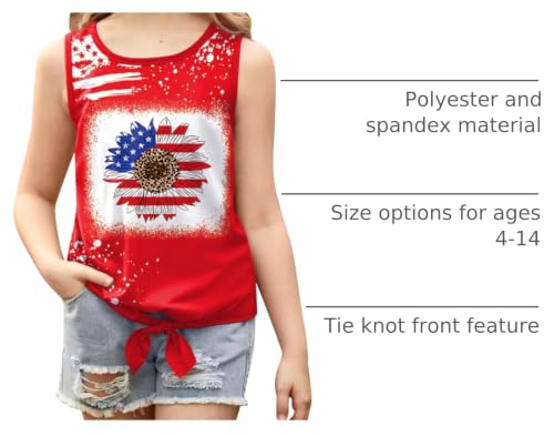 Image of July 4th Girls Patriotic Sleeveless Tie Knot Front Tank Top Stars Stripes Tee Shirt 4-14 Years