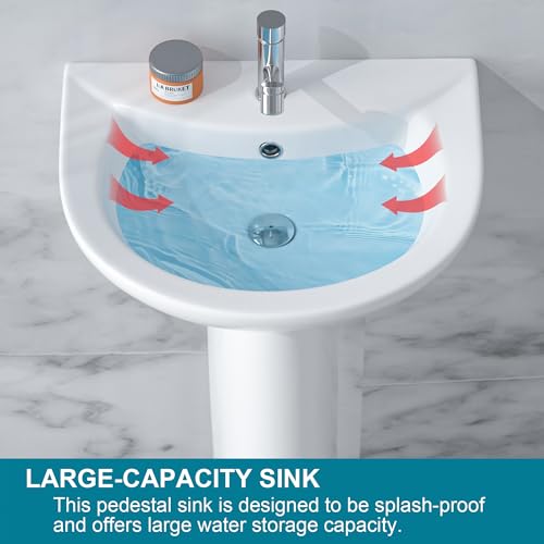 HOMLYLINK Pedestal Sink 20 Inch x 17 Inch, Small Bathroom Pedestal Sink, Porcelaine Pedestal Sink, Pure White Pedestal Sink, Bath Pedestal Sink Combo for Bathroom,w 1 Overflow Hole & 1 Faucet Hole